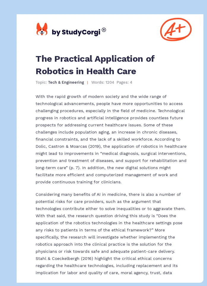 The Practical Application of Robotics in Health Care. Page 1