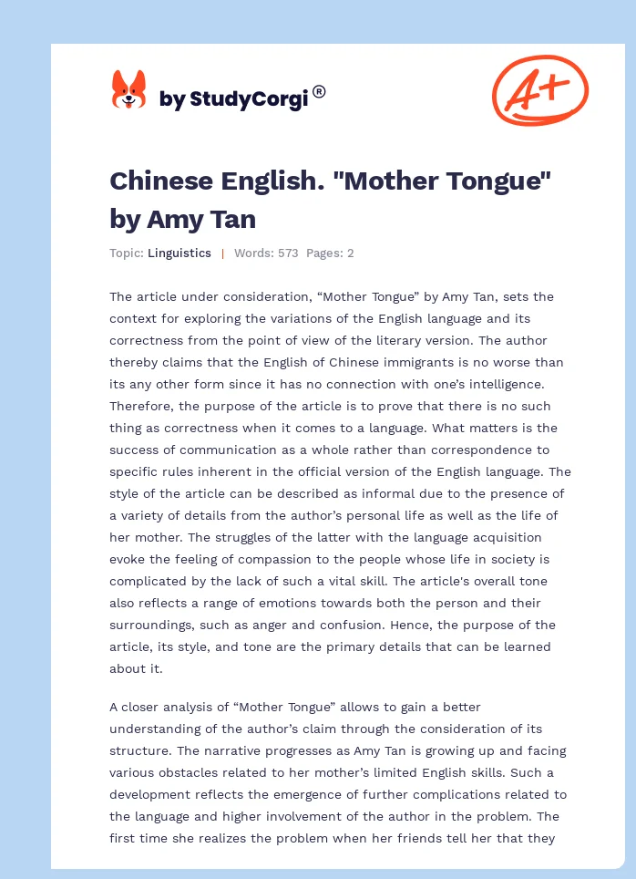 Chinese English. "Mother Tongue" by Amy Tan. Page 1