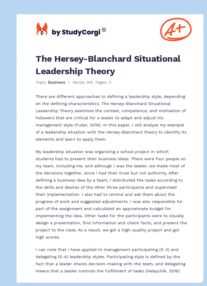 The Hersey-Blanchard Situational Leadership Theory. Page 1