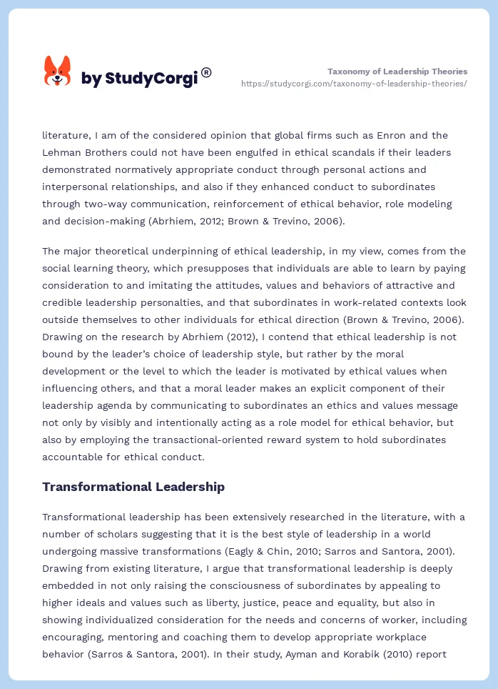 Taxonomy of Leadership Theories. Page 2
