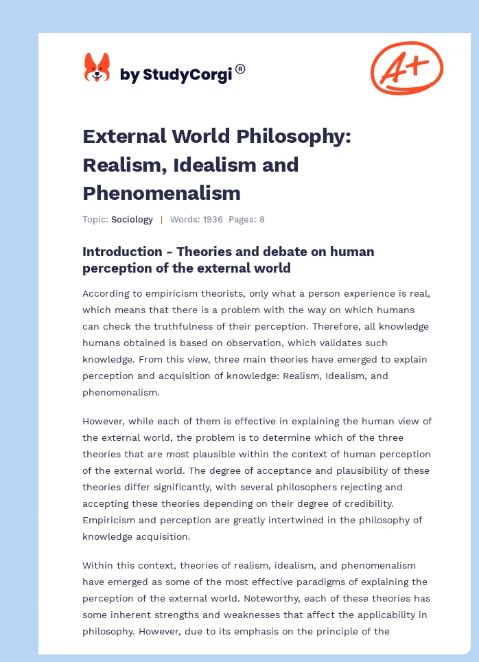 External World Philosophy: Realism, Idealism and Phenomenalism. Page 1