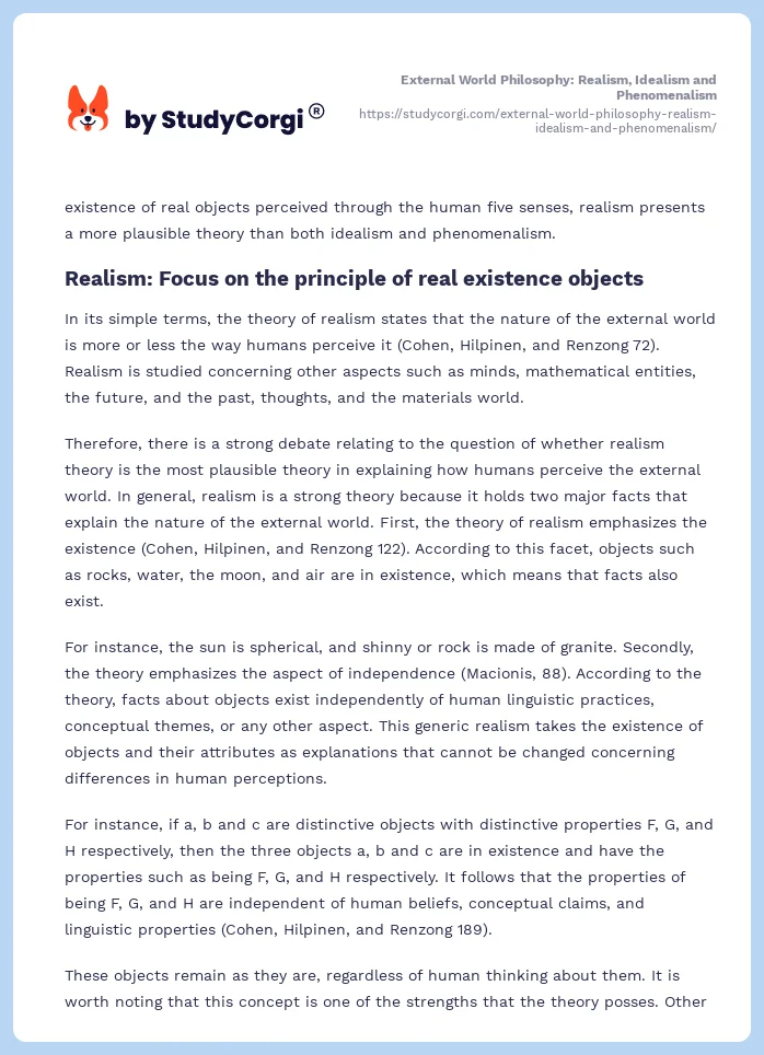 External World Philosophy: Realism, Idealism and Phenomenalism. Page 2