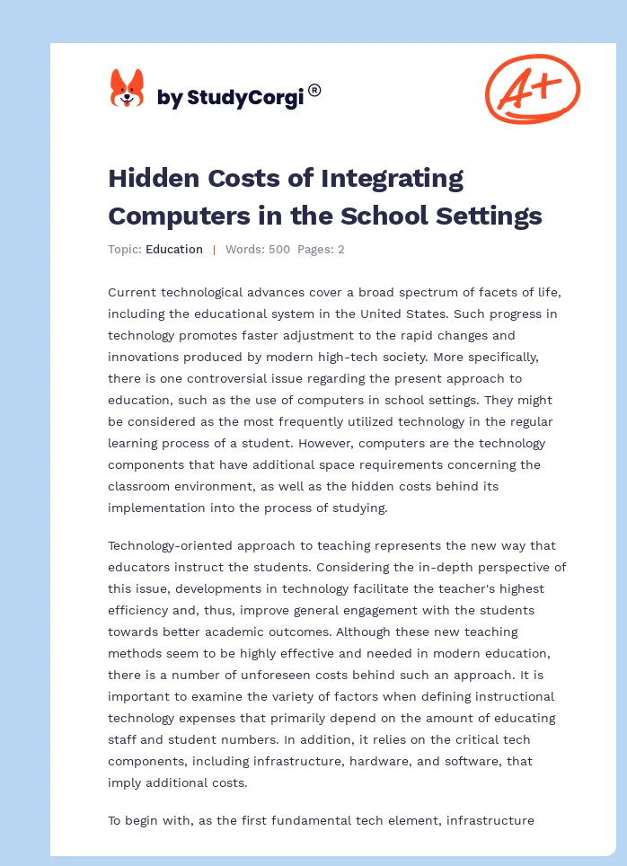 Hidden Costs of Integrating Computers in the School Settings. Page 1