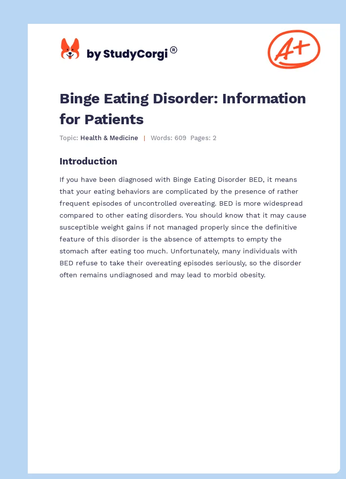Binge Eating Disorder: Information for Patients. Page 1
