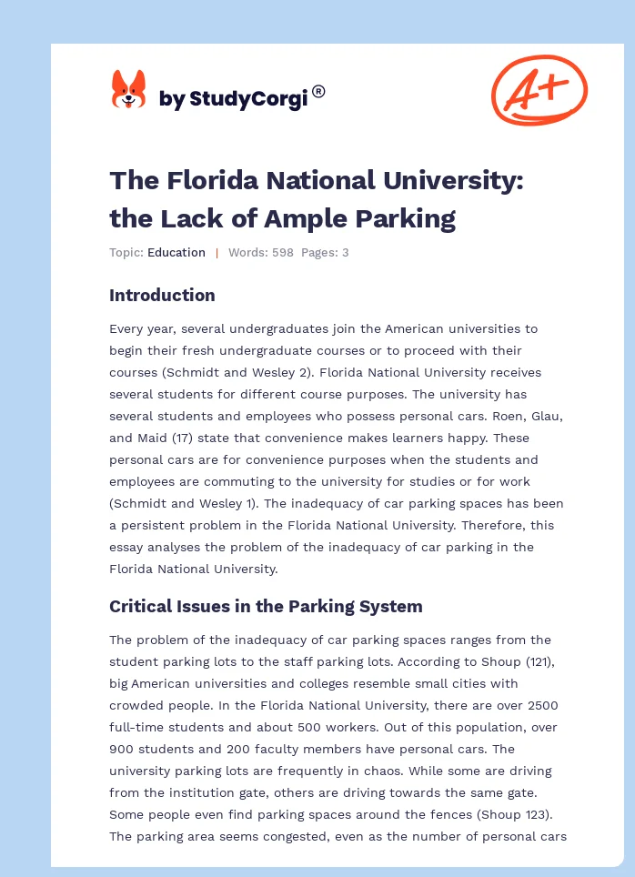 The Florida National University: the Lack of Ample Parking. Page 1