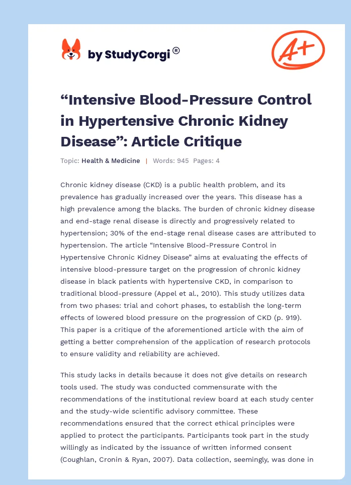 “Intensive Blood-Pressure Control in Hypertensive Chronic Kidney Disease”: Article Critique. Page 1