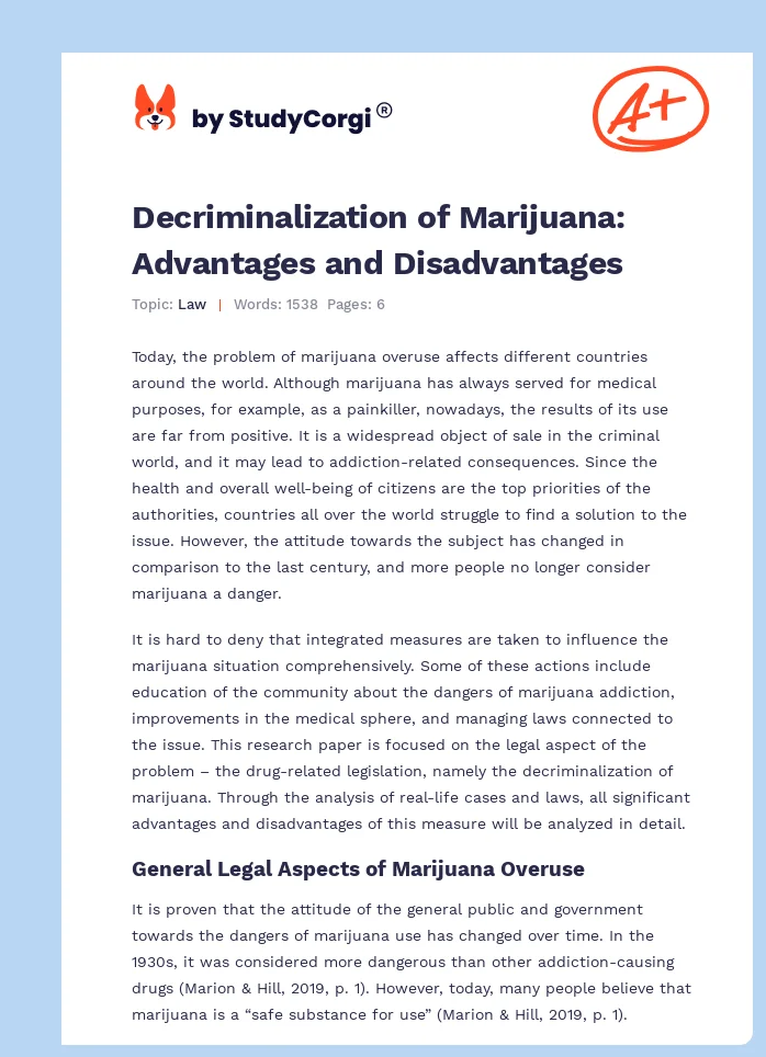 Decriminalization of Marijuana: Advantages and Disadvantages. Page 1