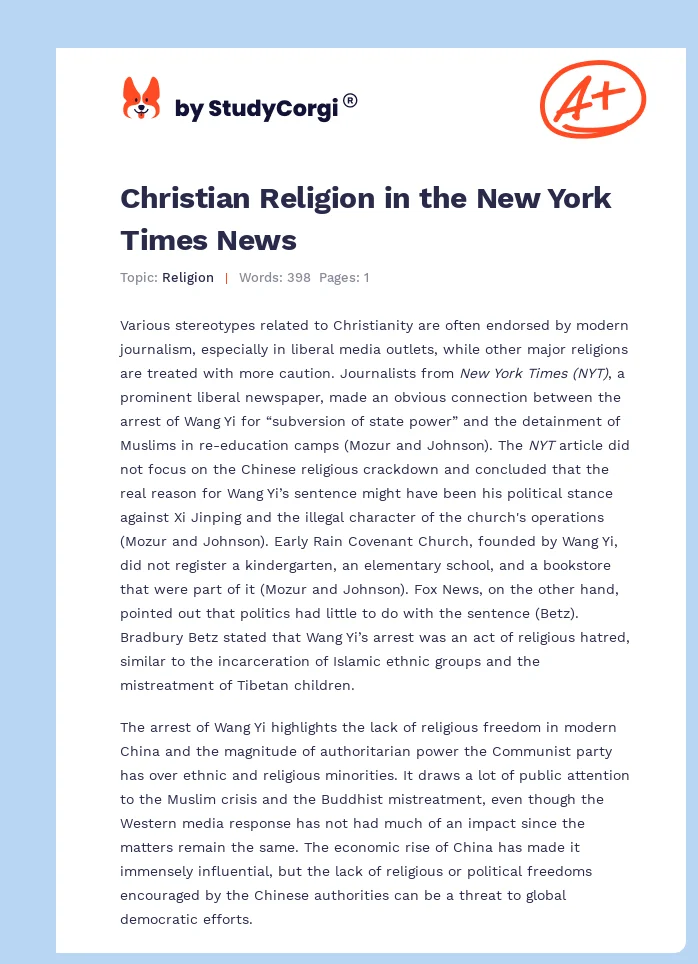 Christian Religion in the New York Times News. Page 1