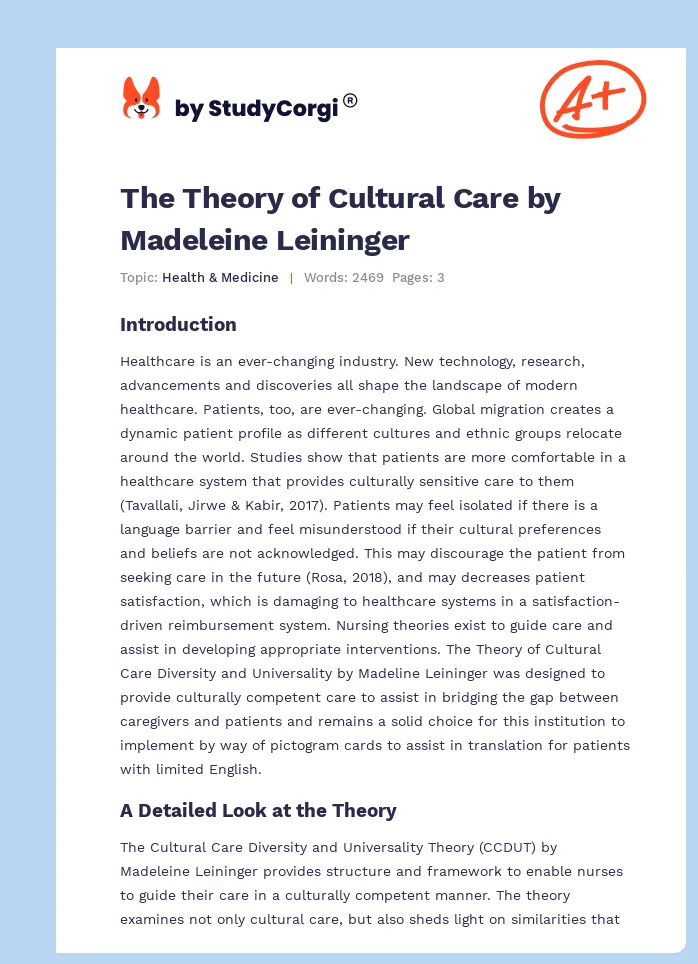 The Theory of Cultural Care by Madeleine Leininger. Page 1