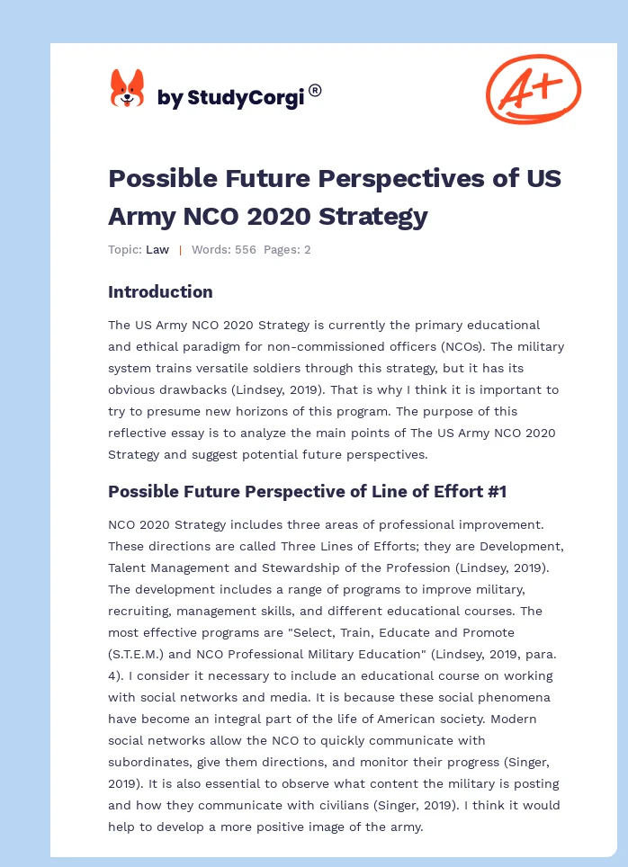 Possible Future Perspectives of US Army NCO 2020 Strategy. Page 1
