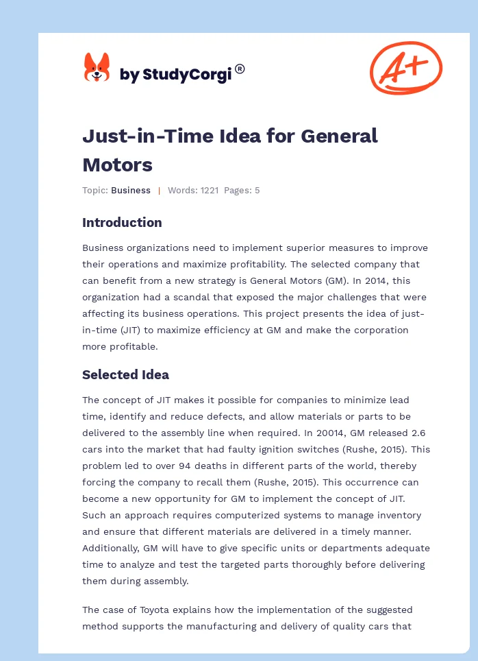 Just-in-Time Idea for General Motors. Page 1