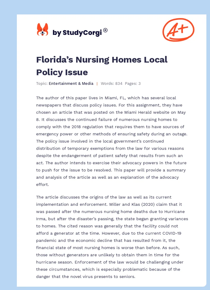 Florida’s Nursing Homes Local Policy Issue. Page 1