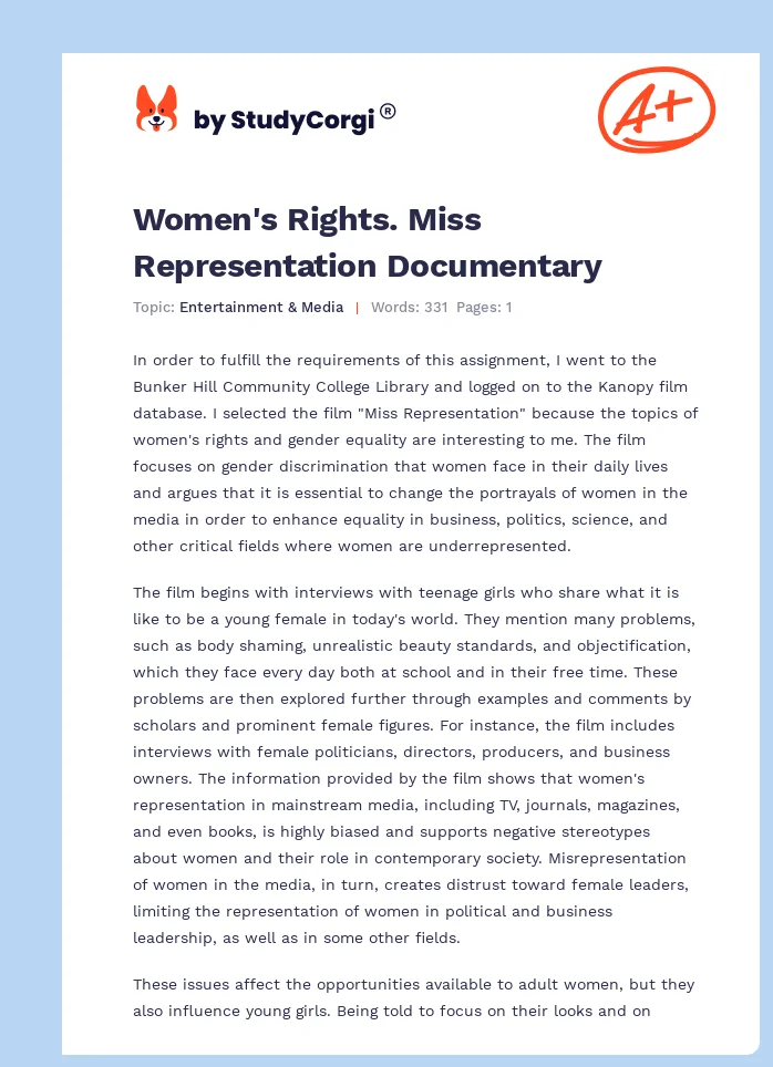 Women's Rights. Miss Representation Documentary. Page 1