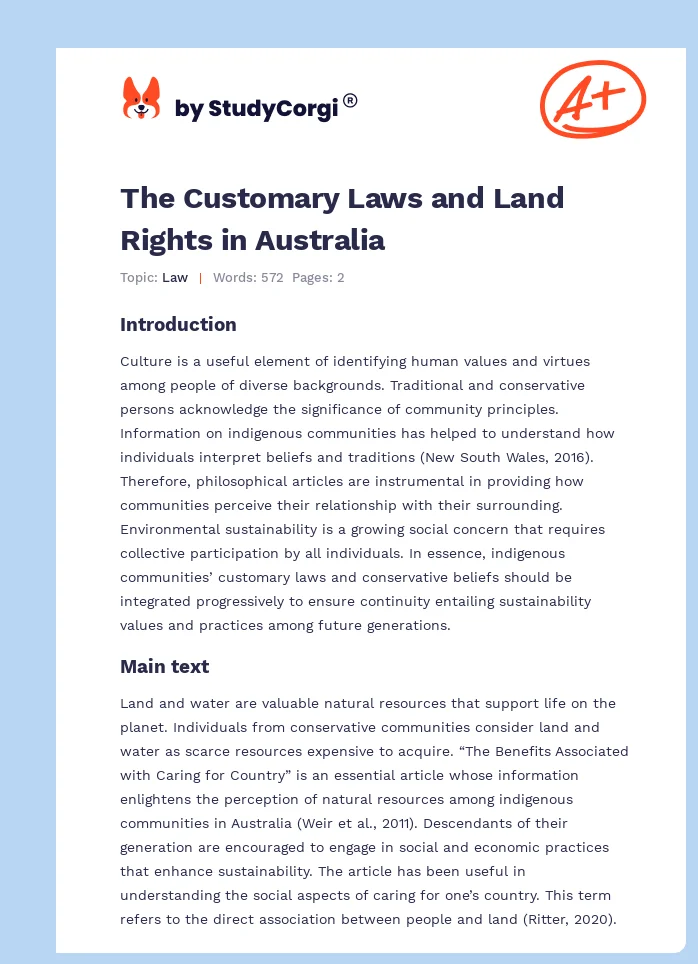 The Customary Laws and Land Rights in Australia. Page 1