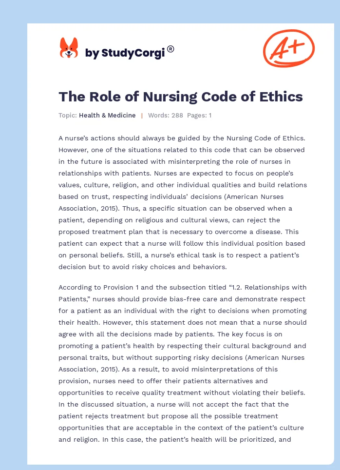 The Role of Nursing Code of Ethics. Page 1