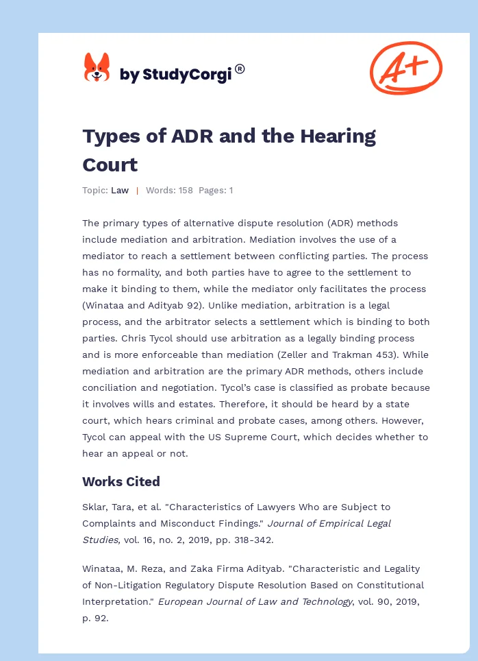 Types of ADR and the Hearing Court. Page 1