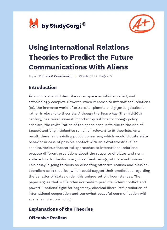 Using International Relations Theories to Predict the Future Communications With Aliens. Page 1