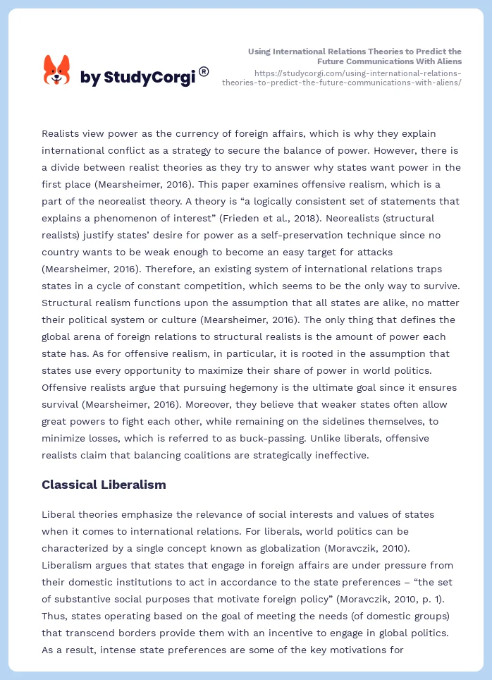 Using International Relations Theories to Predict the Future Communications With Aliens. Page 2