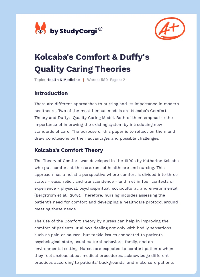 Kolcaba's Comfort & Duffy's Quality Caring Theories. Page 1