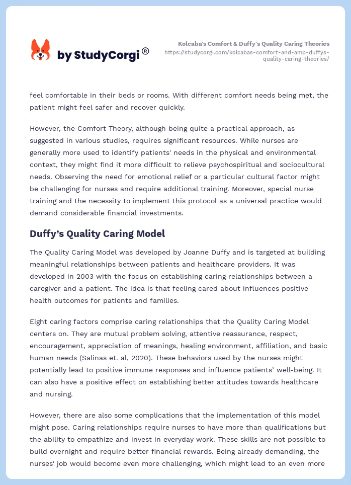 Kolcaba's Comfort & Duffy's Quality Caring Theories. Page 2
