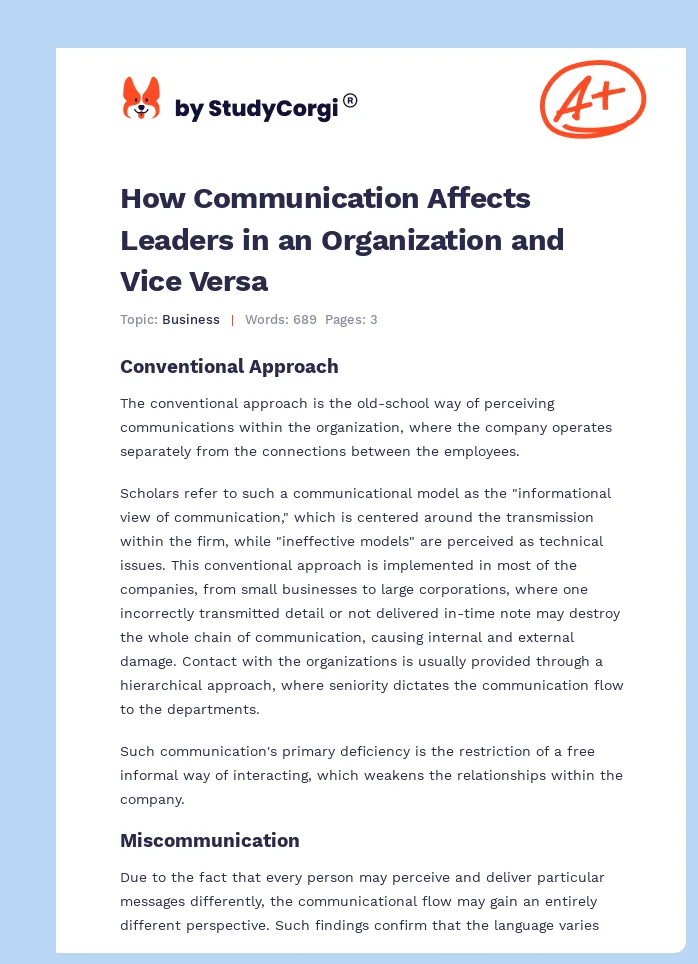 How Communication Affects Leaders in an Organization and Vice Versa. Page 1