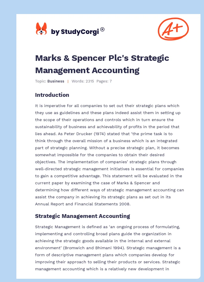 Marks & Spencer Plc's Strategic Management Accounting. Page 1