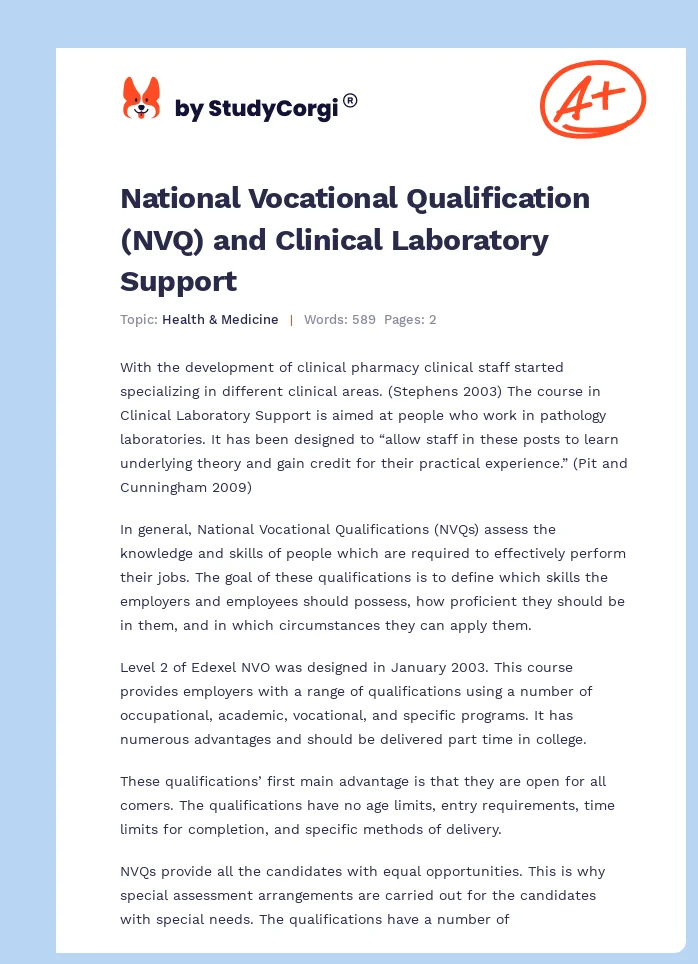 National Vocational Qualification (NVQ) and Clinical Laboratory Support. Page 1