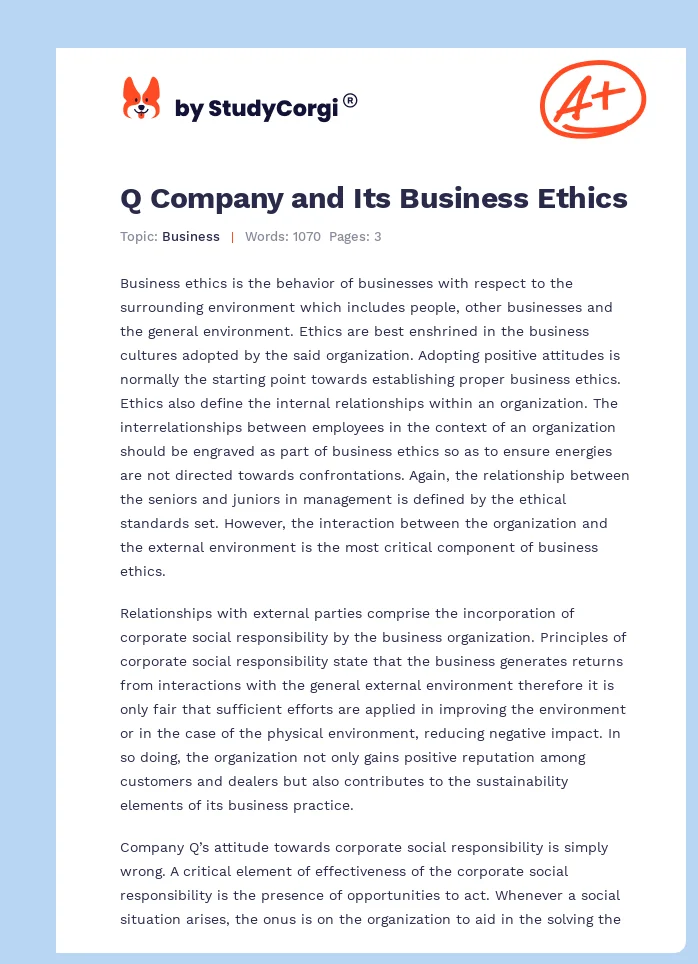Q Company and Its Business Ethics. Page 1