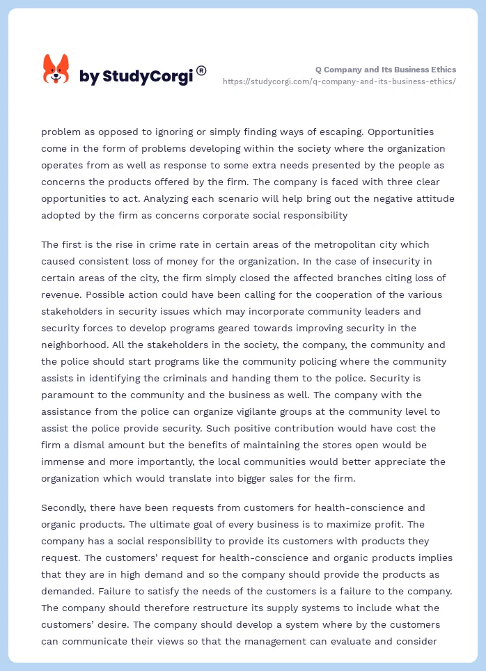 Q Company and Its Business Ethics. Page 2
