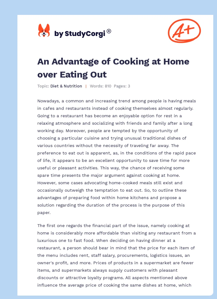 An Advantage of Cooking at Home over Eating Out. Page 1
