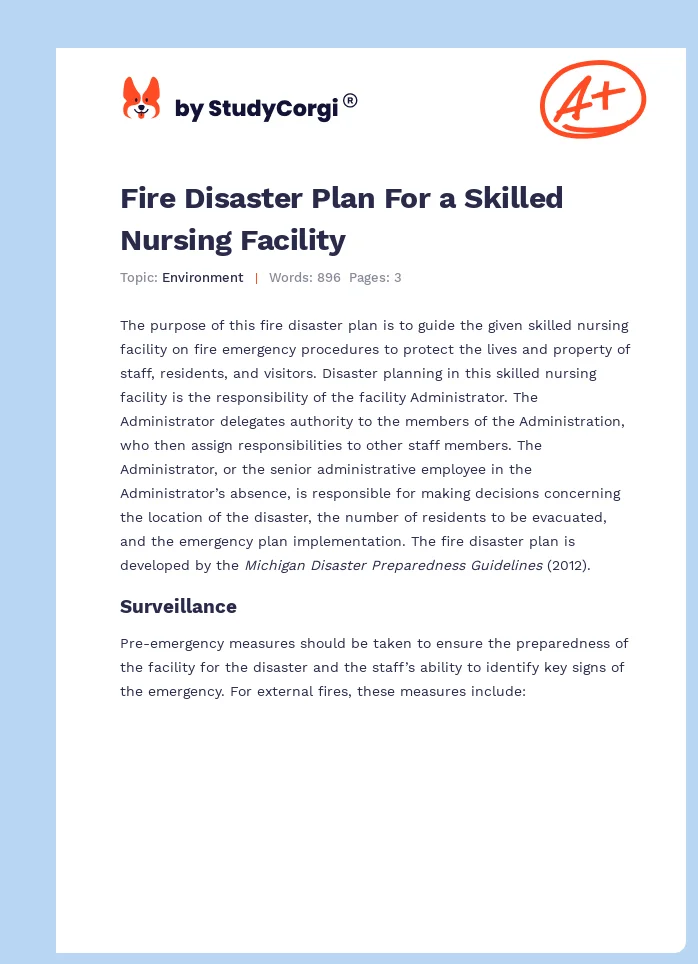 Fire Disaster Plan For a Skilled Nursing Facility. Page 1