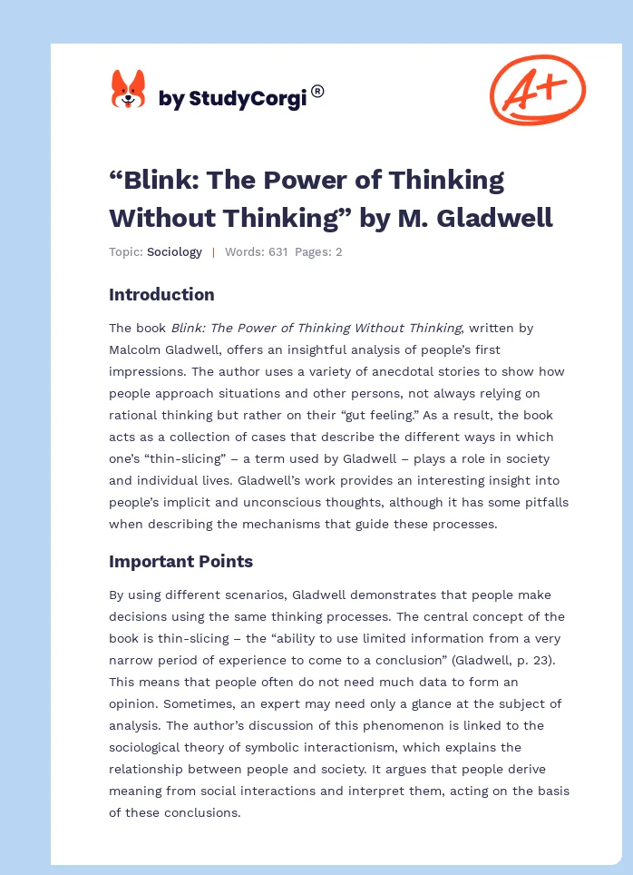 “Blink: The Power of Thinking Without Thinking” by M. Gladwell. Page 1