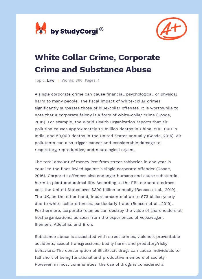 White Collar Crime, Corporate Crime and Substance Abuse. Page 1