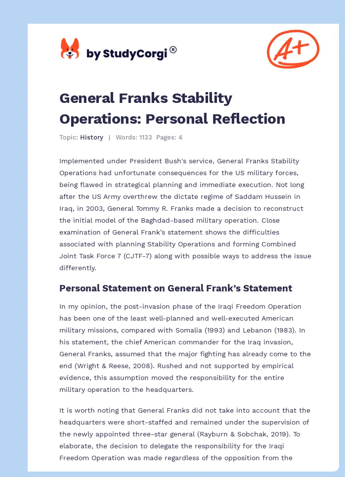General Franks Stability Operations: Personal Reflection. Page 1