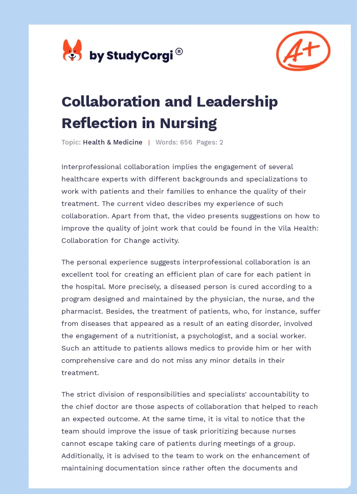 Collaboration and Leadership Reflection in Nursing. Page 1