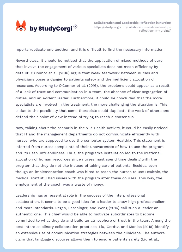Collaboration and Leadership Reflection in Nursing. Page 2