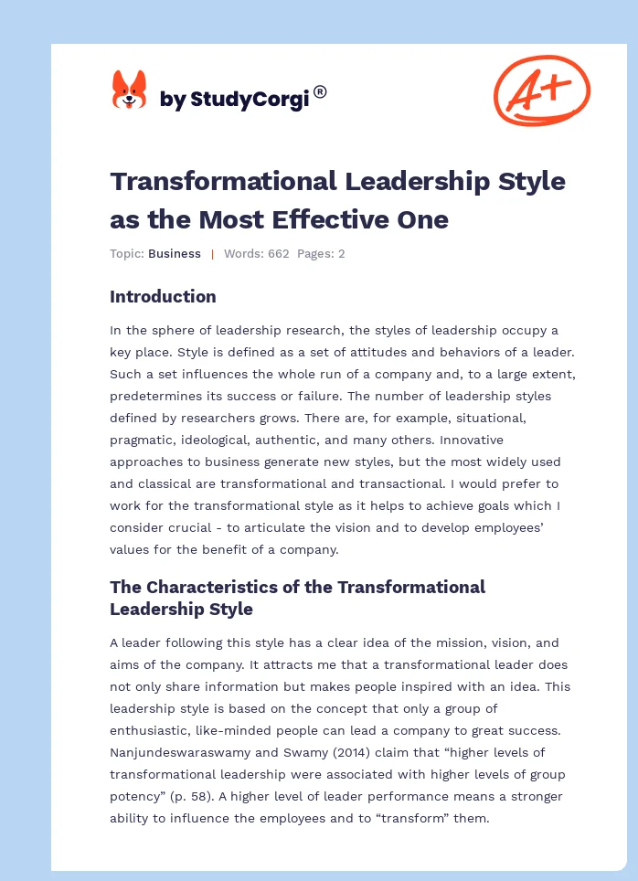 Transformational Leadership Style as the Most Effective One. Page 1