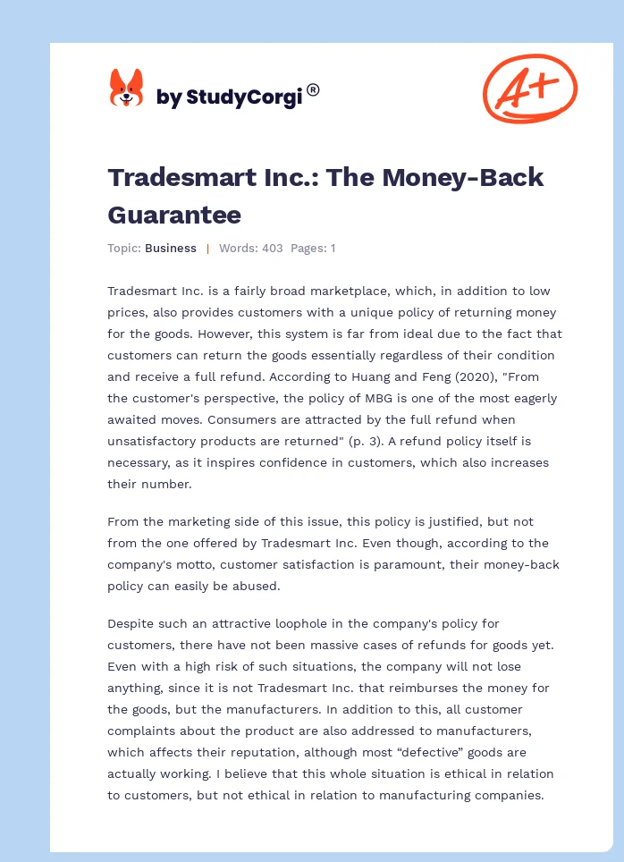 Tradesmart Inc.: The Money-Back Guarantee. Page 1