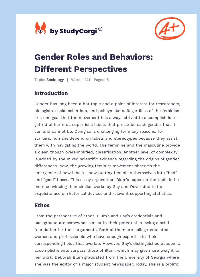 Gender Roles and Behaviors: Different Perspectives. Page 1