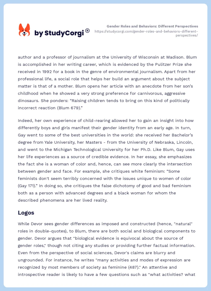 Gender Roles and Behaviors: Different Perspectives. Page 2