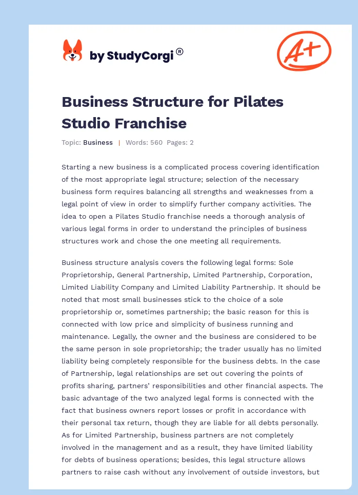 Business Structure for Pilates Studio Franchise. Page 1