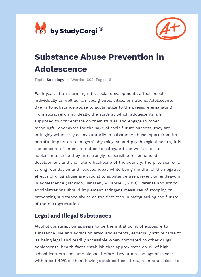 Substance Abuse Prevention in Adolescence. Page 1