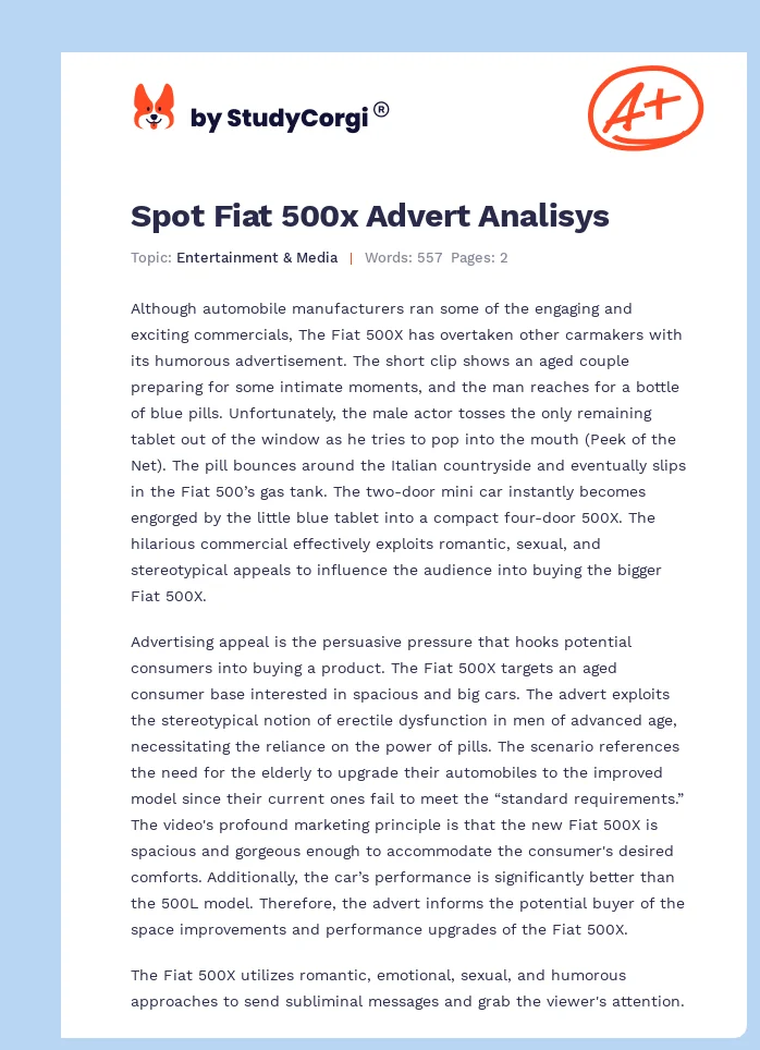 Spot Fiat 500x Advert Analisys. Page 1