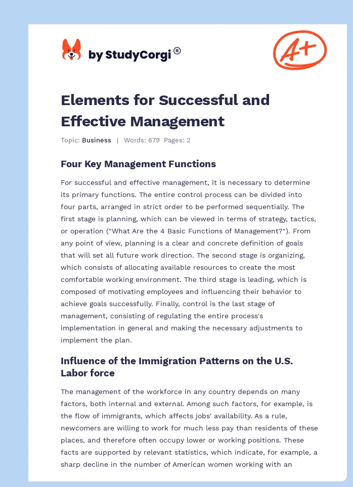 Elements for Successful and Effective Management. Page 1