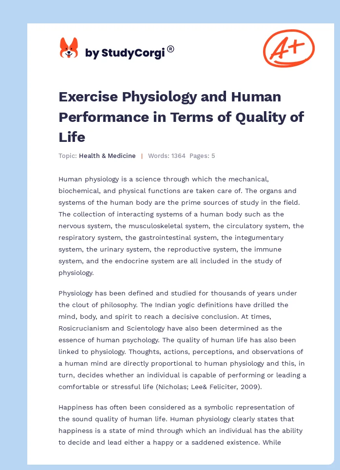 Exercise Physiology and Human Performance in Terms of Quality of Life. Page 1