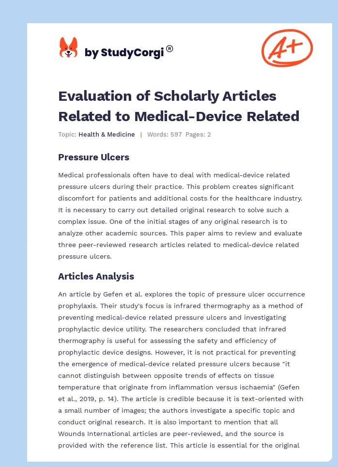 Evaluation of Scholarly Articles Related to Medical-Device Related. Page 1