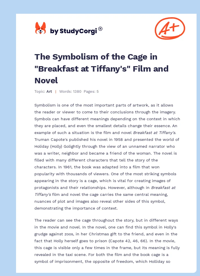 The Symbolism of the Cage in "Breakfast at Tiffany's" Film and Novel. Page 1