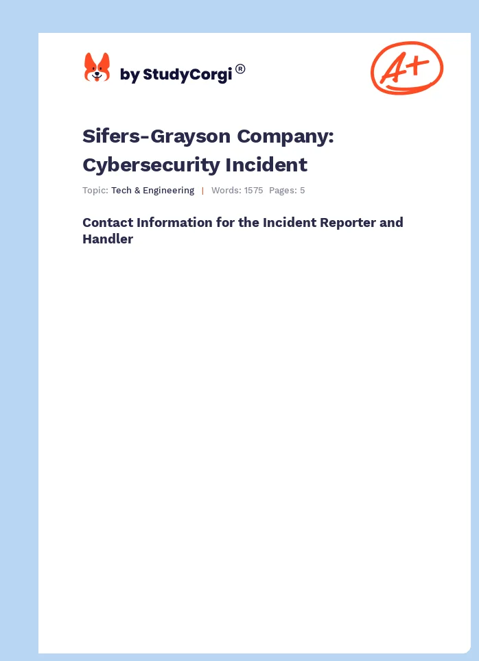 Sifers-Grayson Company: Cybersecurity Incident. Page 1