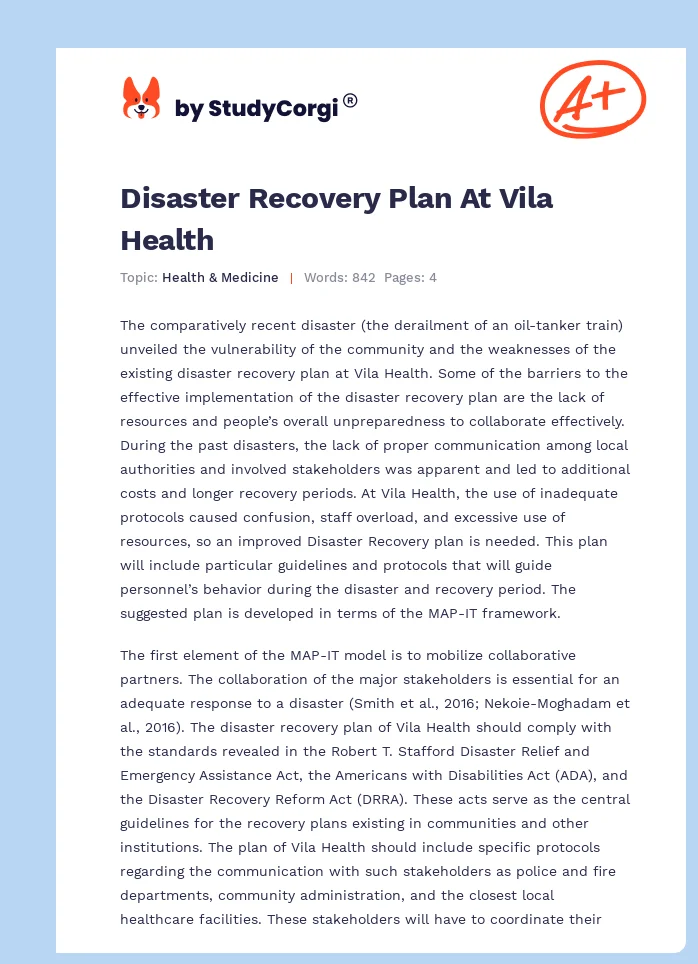 Disaster Recovery Plan At Vila Health. Page 1