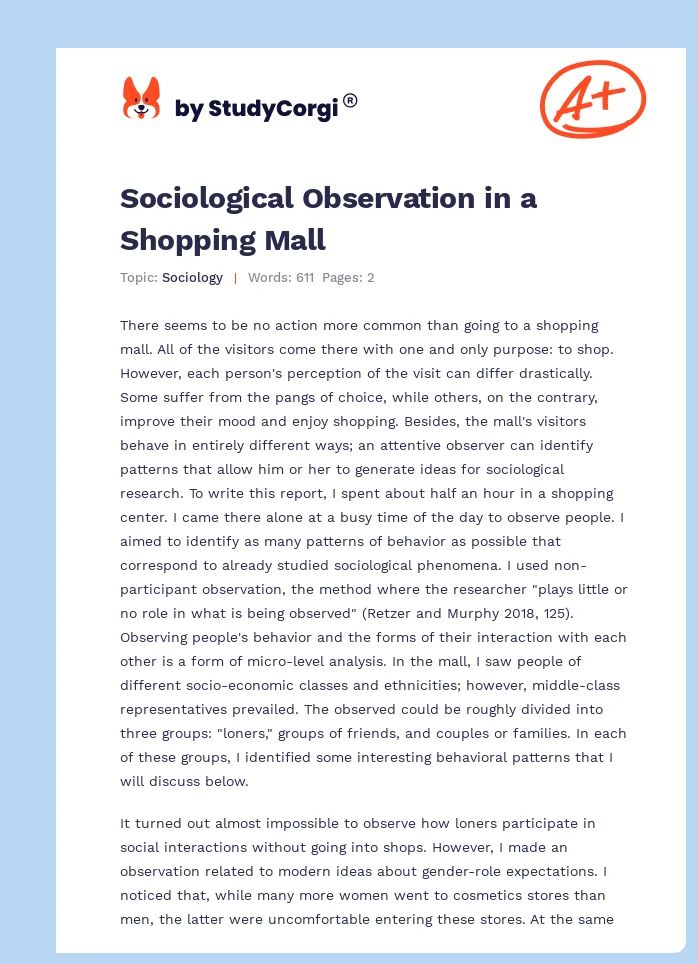 Sociological Observation in a Shopping Mall. Page 1